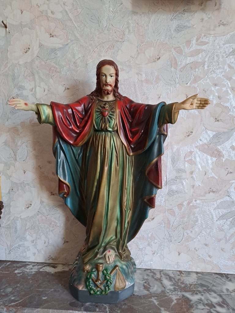 Antiek gipsen beeld van Jezus met TWEE LINKER handen, Ophalen
