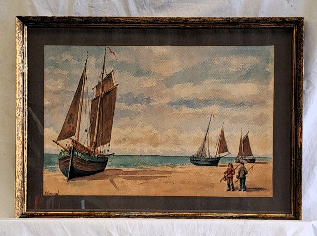 Aquarelle de la plage de W. Veldeman par Heist, Enlèvement ou Envoi, Aquarelle, Sous verre, Maritime / eau