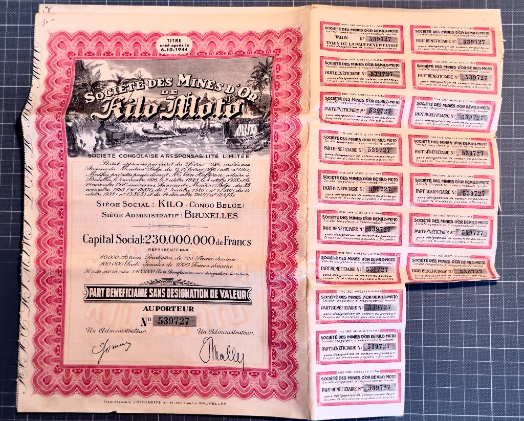 Actions de la Société des Mines d'Or de Kilo-Moto, Enlèvement ou Envoi, 1920 à 1950, Action