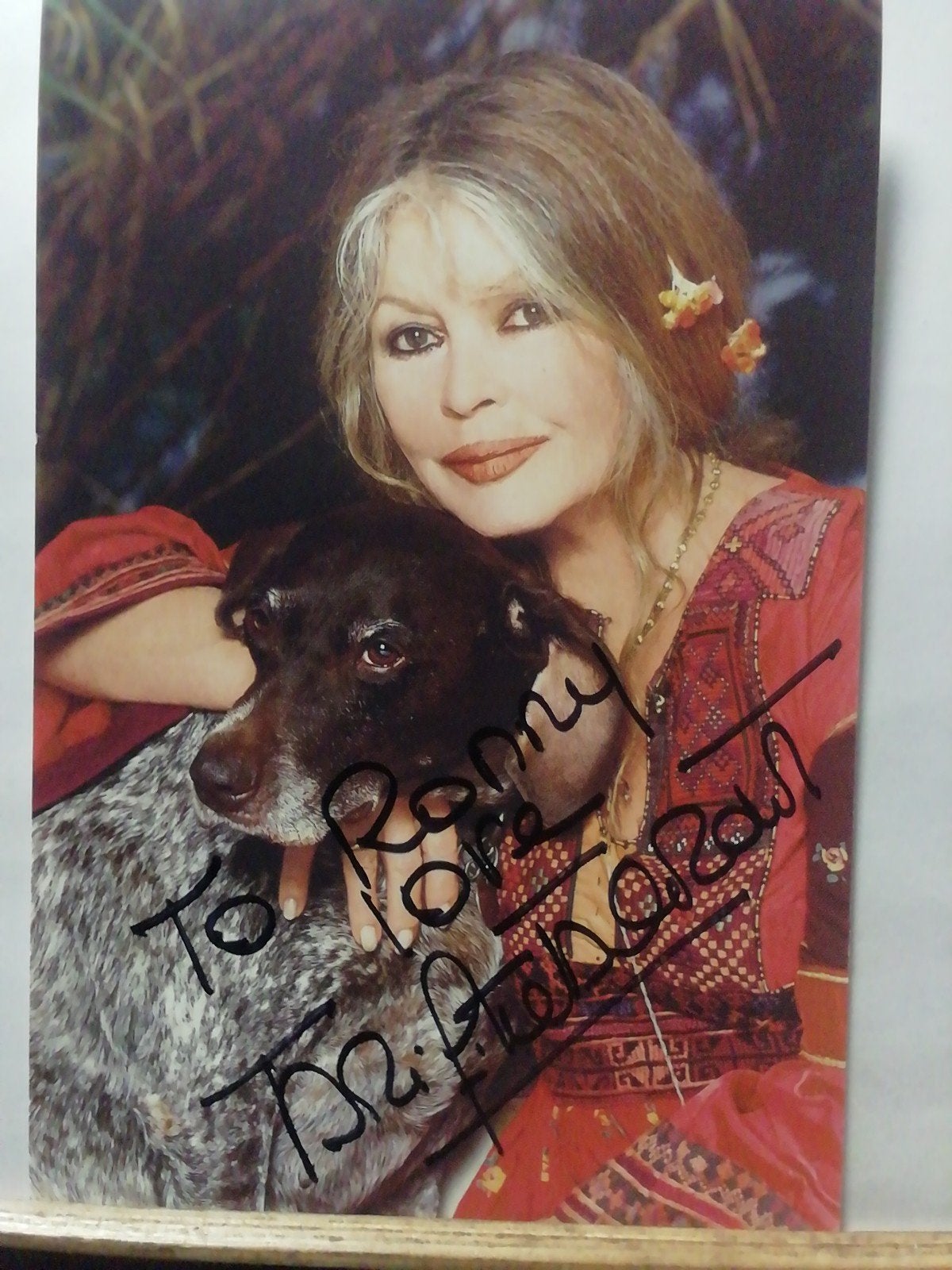 Brigitte Bardot met originele handtekening, Ophalen of Verzenden, Zo goed als nieuw, Foto of Kaart, Gesigneerd