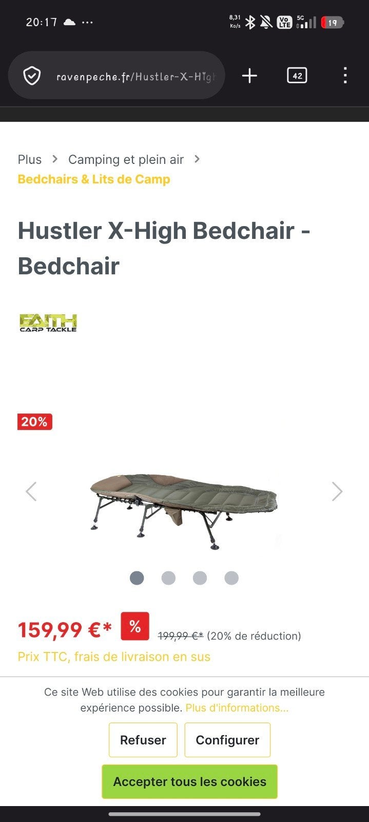 Hustler X-High Bedchair -Bedchair", Sports nautiques & Bateaux, Enlèvement ou Envoi