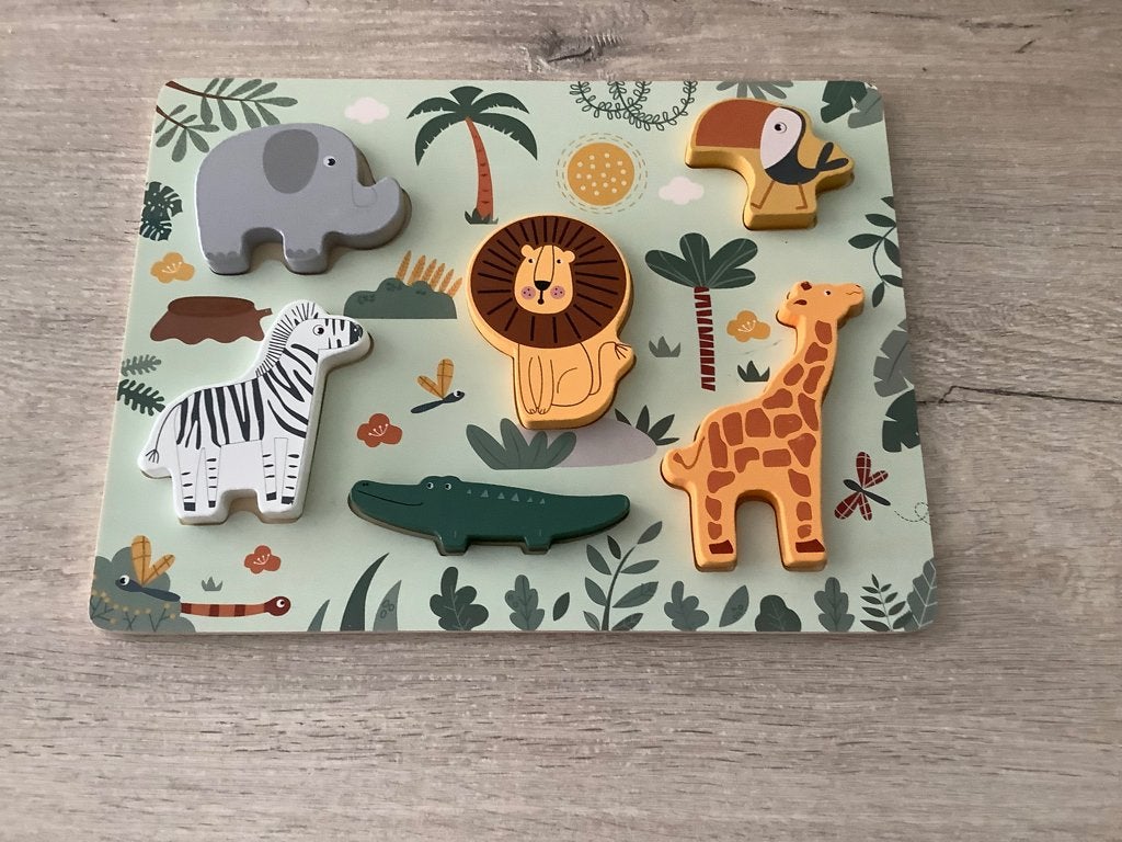 Puzzle en bois pour enfants animaux de la jungle (6 pièces), Enlèvement ou Envoi, Comme neuf, 6 mois à 2 ans, Moins de 10 pièces
