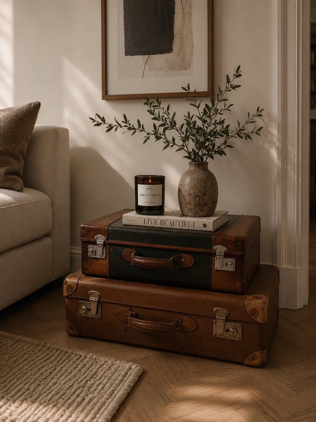 Vintage kofferset – 2 decoratieve koffers – bruin, Huis en Inrichting, Woonaccessoires | Kisten, Ophalen, Overige materialen, Gebruikt