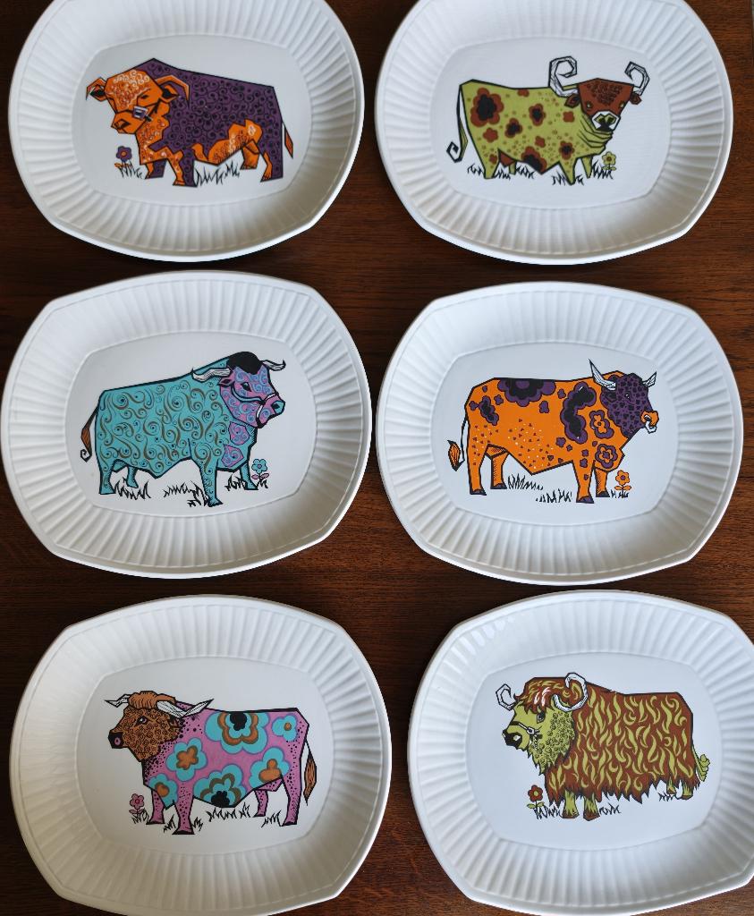 Set van 6 serveerschalen — pop art stierenmotieven, Antiek en Kunst, Antiek | Servies los, Ophalen