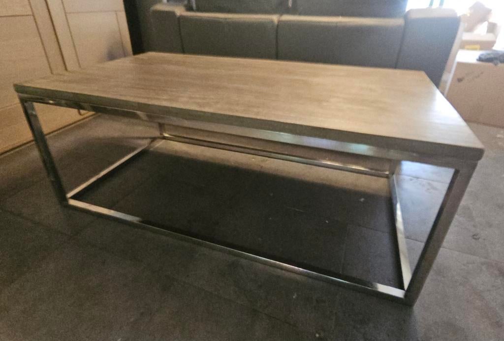 Koffietafel eiken houten blad op zilverkleurig frame, Huis en Inrichting, Ophalen