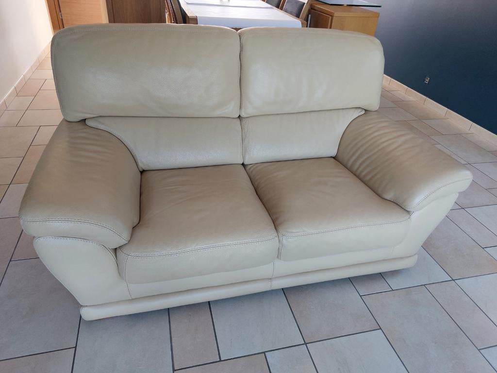 Woonkamer beige leer 3p en 2p, Ophalen, 150 tot 200 cm, Zo goed als nieuw, Rechte bank