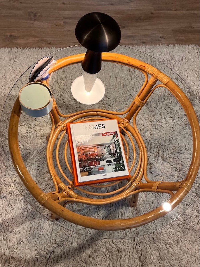Rotan bijzettafel/  salontafel rond met glas — vintage '70, Gebruikt, Rond, 55 tot 75 cm, Glas