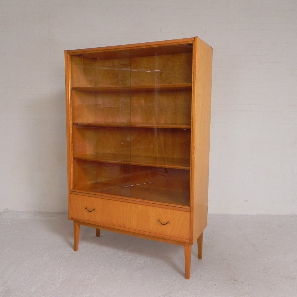 Vintage vitrinekast met 2 schuifdeuren en 1 lade, jaren 50, Ophalen of Verzenden, Glas