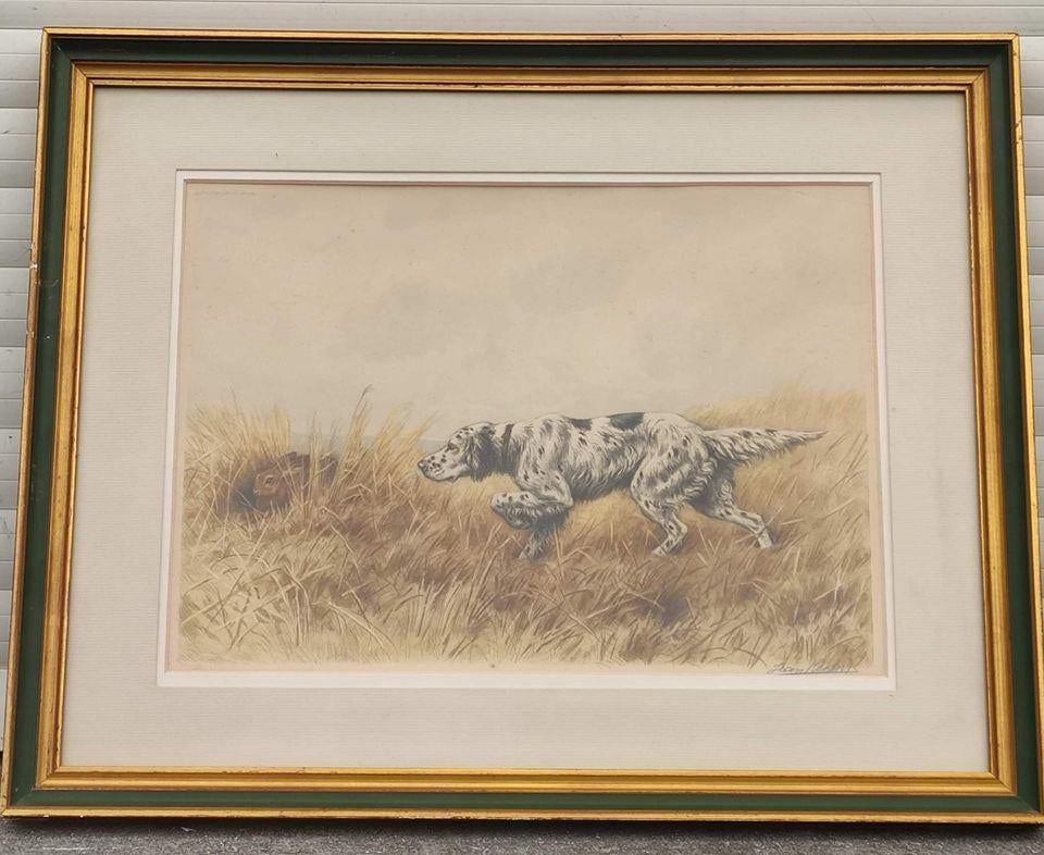 Lithographie chien de chasse signe jean renard, Ophalen of Verzenden