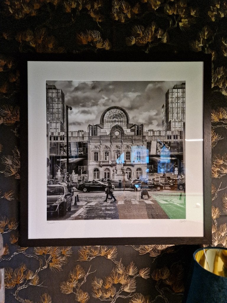 Ingelijste Zwart-Witfoto van historische Luxemburgstation, Antiek en Kunst, Ophalen of Verzenden, Foto, Fotografie, Handgemaakt