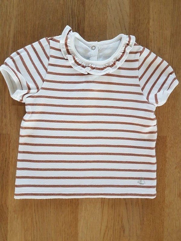PETIT BATEAU - Blouse blanche, lignes cuivre T.12 mois/74cm, Enlèvement ou Envoi, Utilisé, Chemisette ou Manches longues, Petit bateau