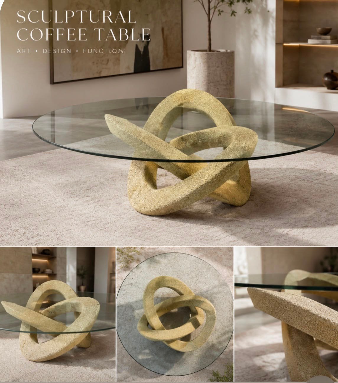 Unieke design salontafel met glas 120 cm en steen voet, Huis en Inrichting, Ophalen, Glas