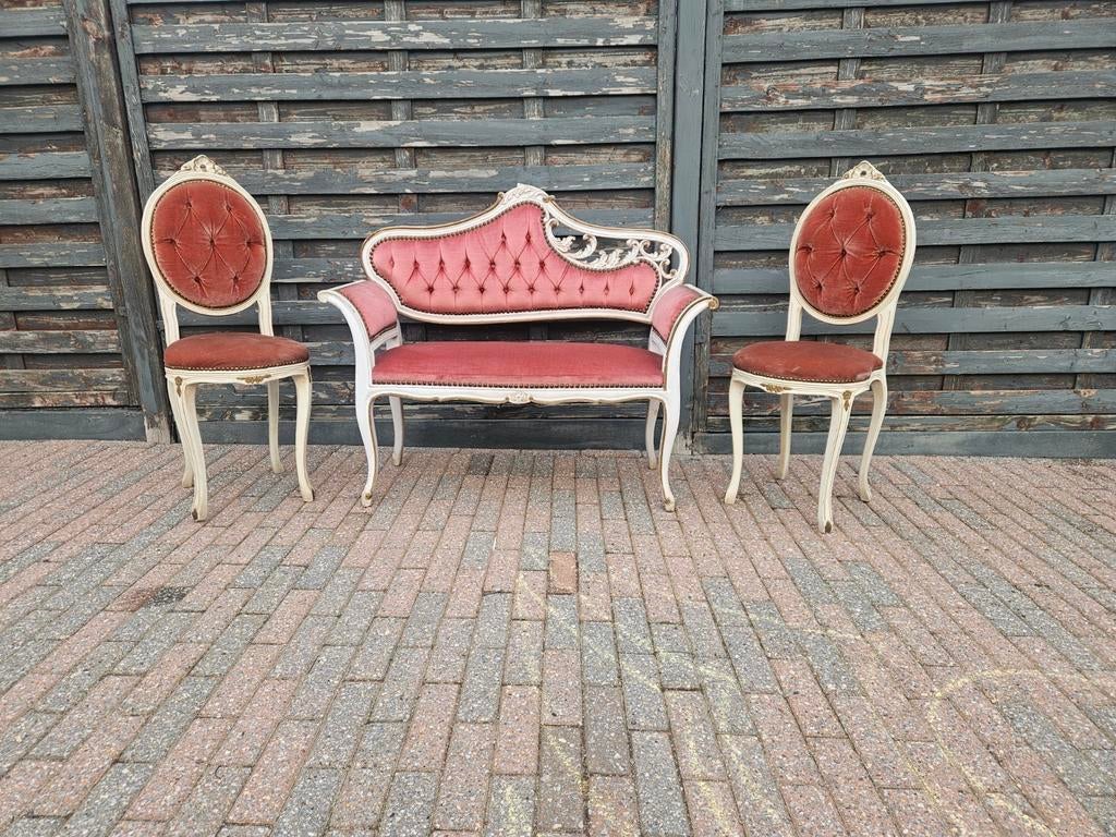Prachtige Louis XV salonset – bankje + 2 stoelen – massief, Ophalen, Hout