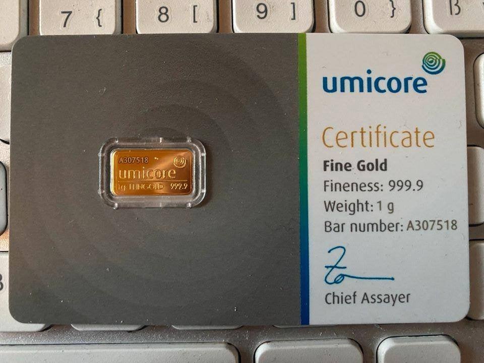 Umicore 1 gram Goudbaar 999.9 met certificaat, Ophalen of Verzenden, Goud