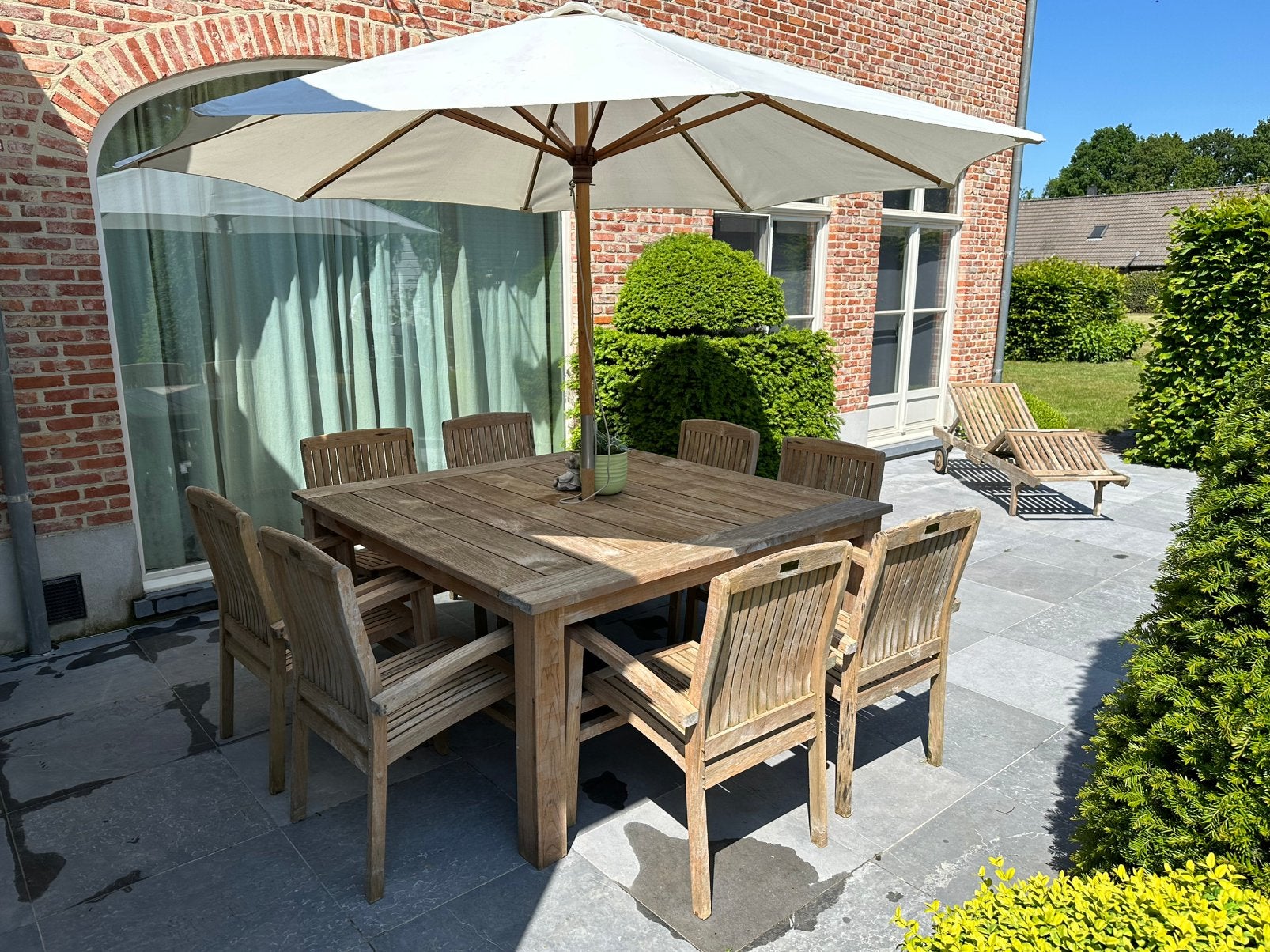 Vierkante teak tuintafel en 6 stoelen, Tuin en Terras, Ophalen, Gebruikt, Teakhout, 8 zitplaatsen