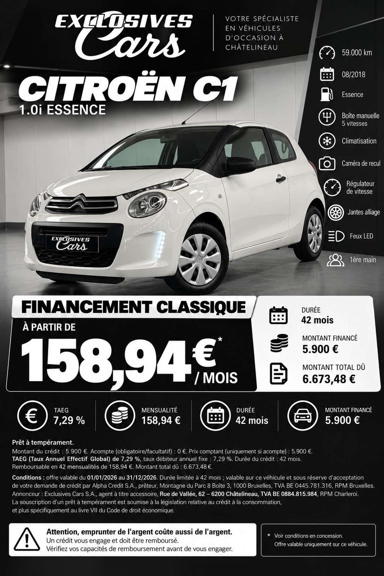 Citroën C1 158€/MOIS SANS APPORT 1.0 VTI 69 CV FEEL ! 1er, Auto's, 4 zetels, Stof, C1, Wit