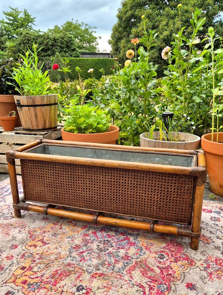 Vintage rotan jardinière met webbing & zinken binnenbak, Ophalen, Huis en Inrichting