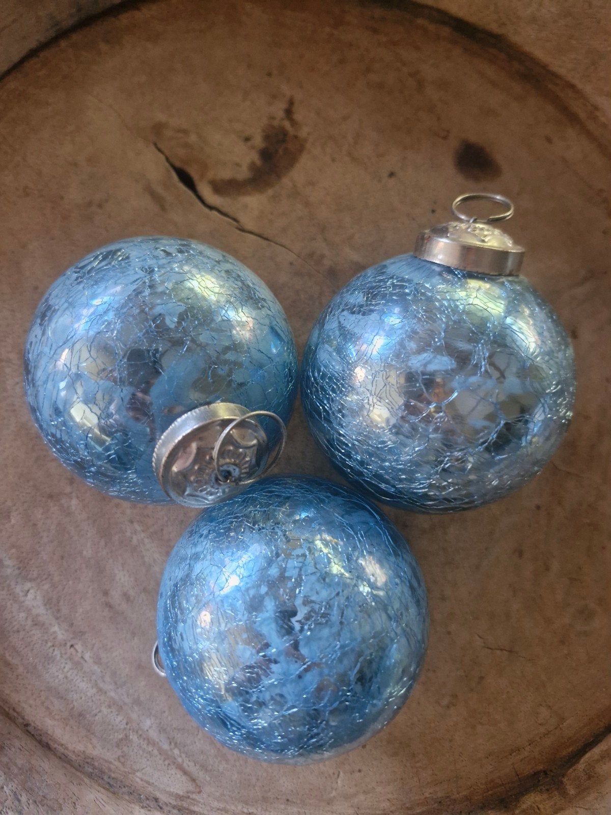 3 vintage kerstballen Indisch glas – lichtblauw craquelé – 7, Ophalen
