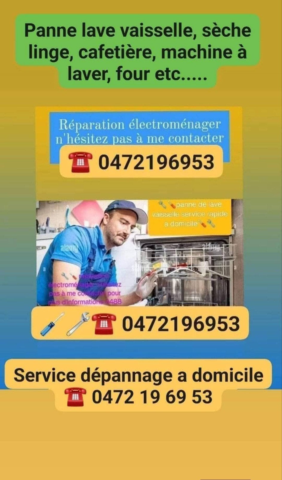 Réparation électroménager service rapide a domicile tel 0472, Electroménager, Enlèvement ou Envoi