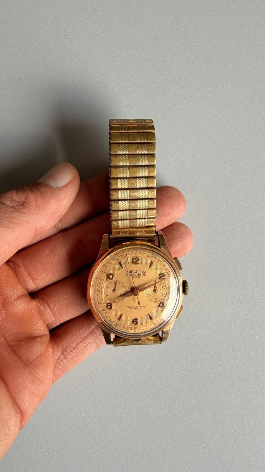 Vintage Caballero Chronograp en or massif 18 carats 17 rubis, Bijoux, Sacs & Beauté, Enlèvement ou Envoi, Comme neuf, Or