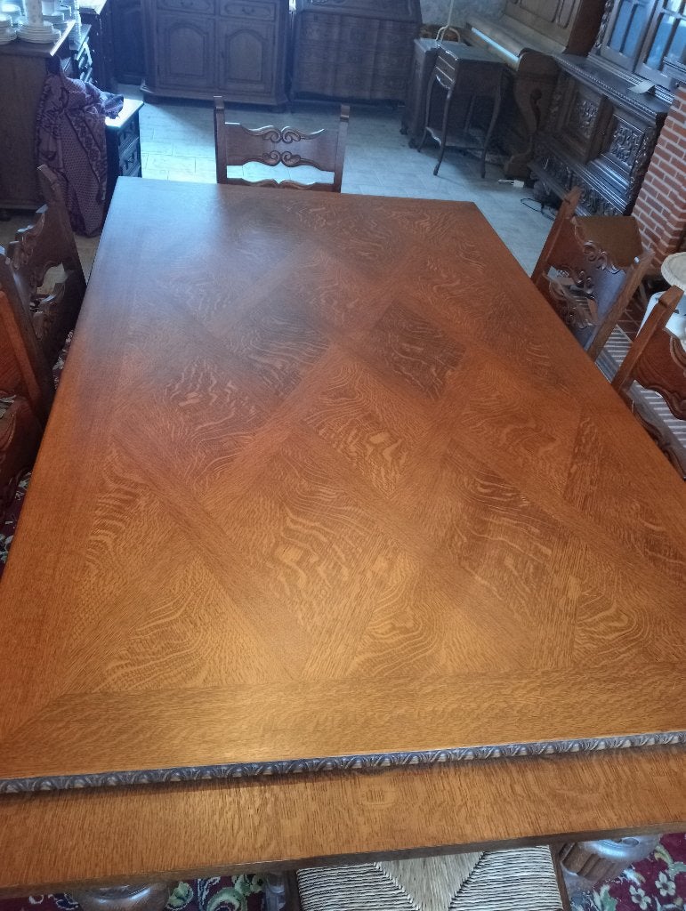 Table à manger vintage en bois/à damier/6 chaises, Enlèvement