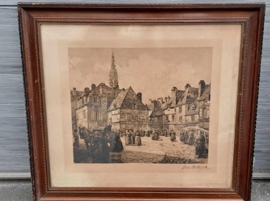 Gravure Scène de marché breton par Georges Maulemouck, Enlèvement ou Envoi, Gravure