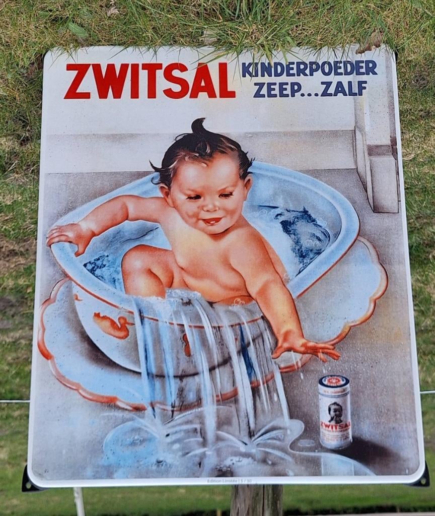 Emaile reclame bord van Zwitsal kinderpoeder zeep...zalf., Verzamelen, Ophalen of Verzenden, Zo goed als nieuw, Reclamebord