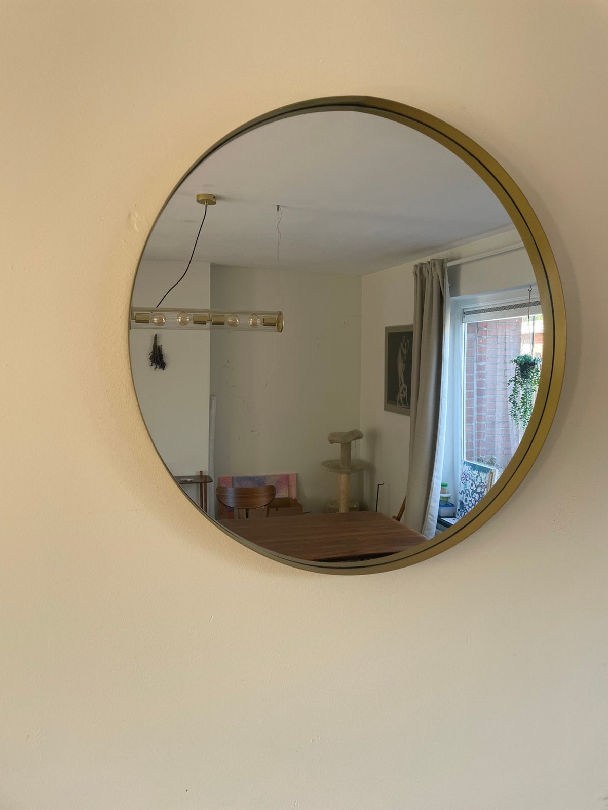 Ronde spiegel met gouden metalen Rand Maat 75 cm, Ophalen, Zo goed als nieuw
