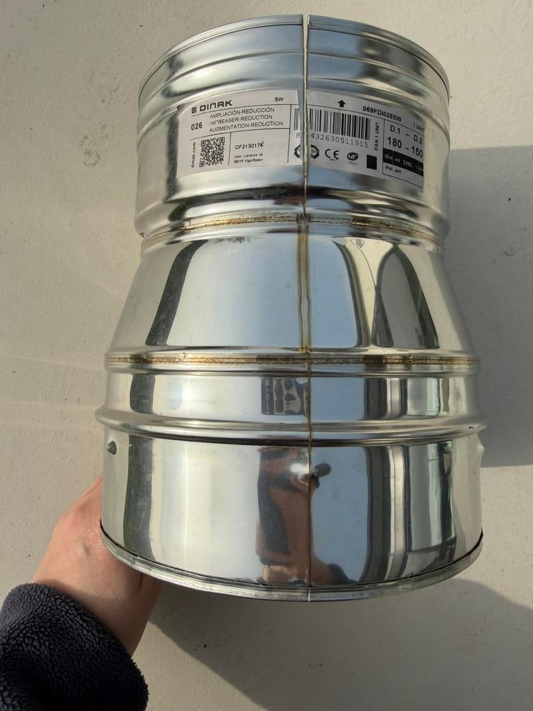 Inox reductie voor kachel / diameter 180 nr 150, Inox, Nieuw, Ophalen of Verzenden, Minder dan 2 meter