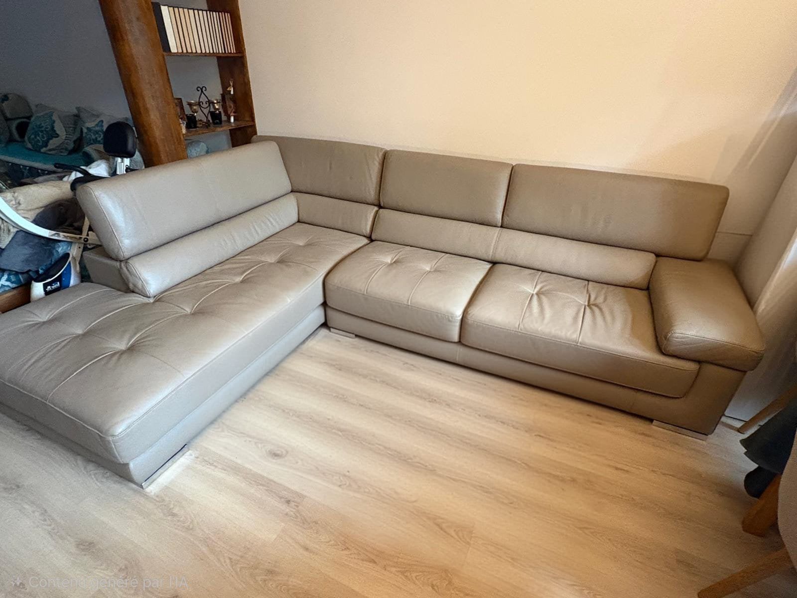 Canapé d’angle en cuir beige/taupe, Maison & Meubles, Enlèvement, Utilisé, Cuir
