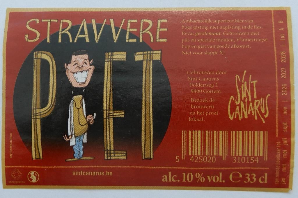 Bieretiket Stravvere Piet Brouwerij Sint Canarus (13g8), Verzenden, Gebruikt