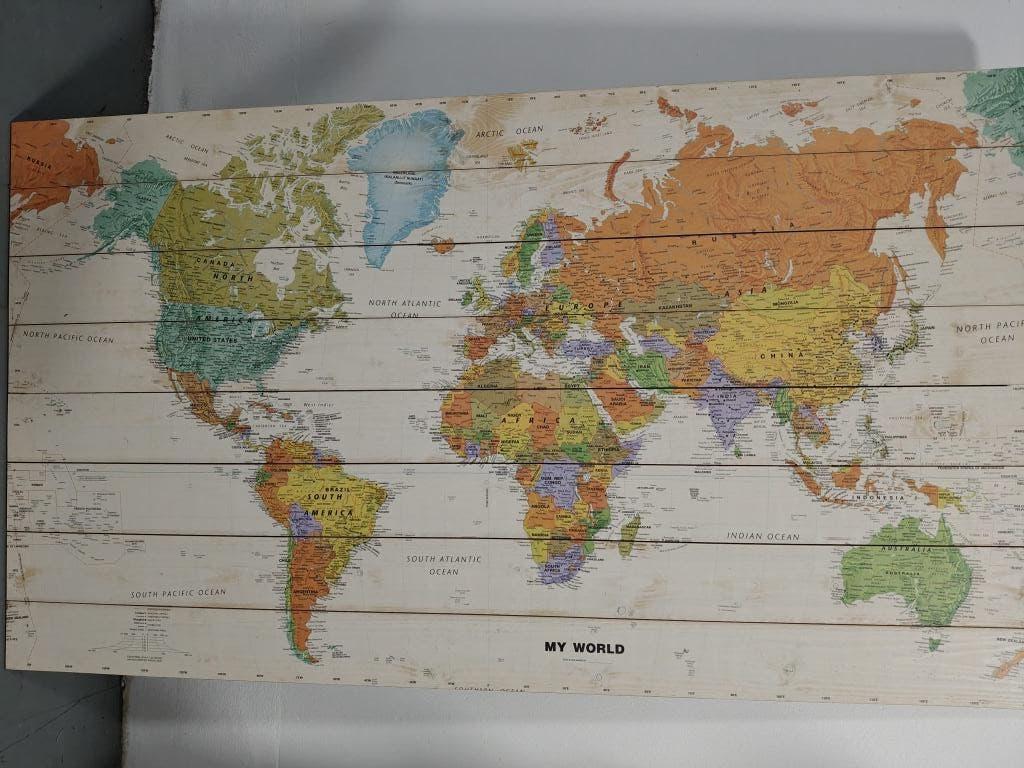 Woodprint wereldkaart op hout, kleur/modern 140x80cm, Maison & Meubles, Accessoires pour la Maison | Décorations murale, 140 cm
