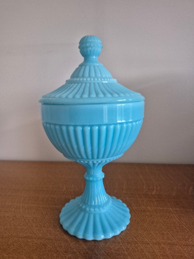 Vintage opaalglas/melkglas bonbonnière - snoeppotje, Ophalen, Geribbeld, Schaal, Rond