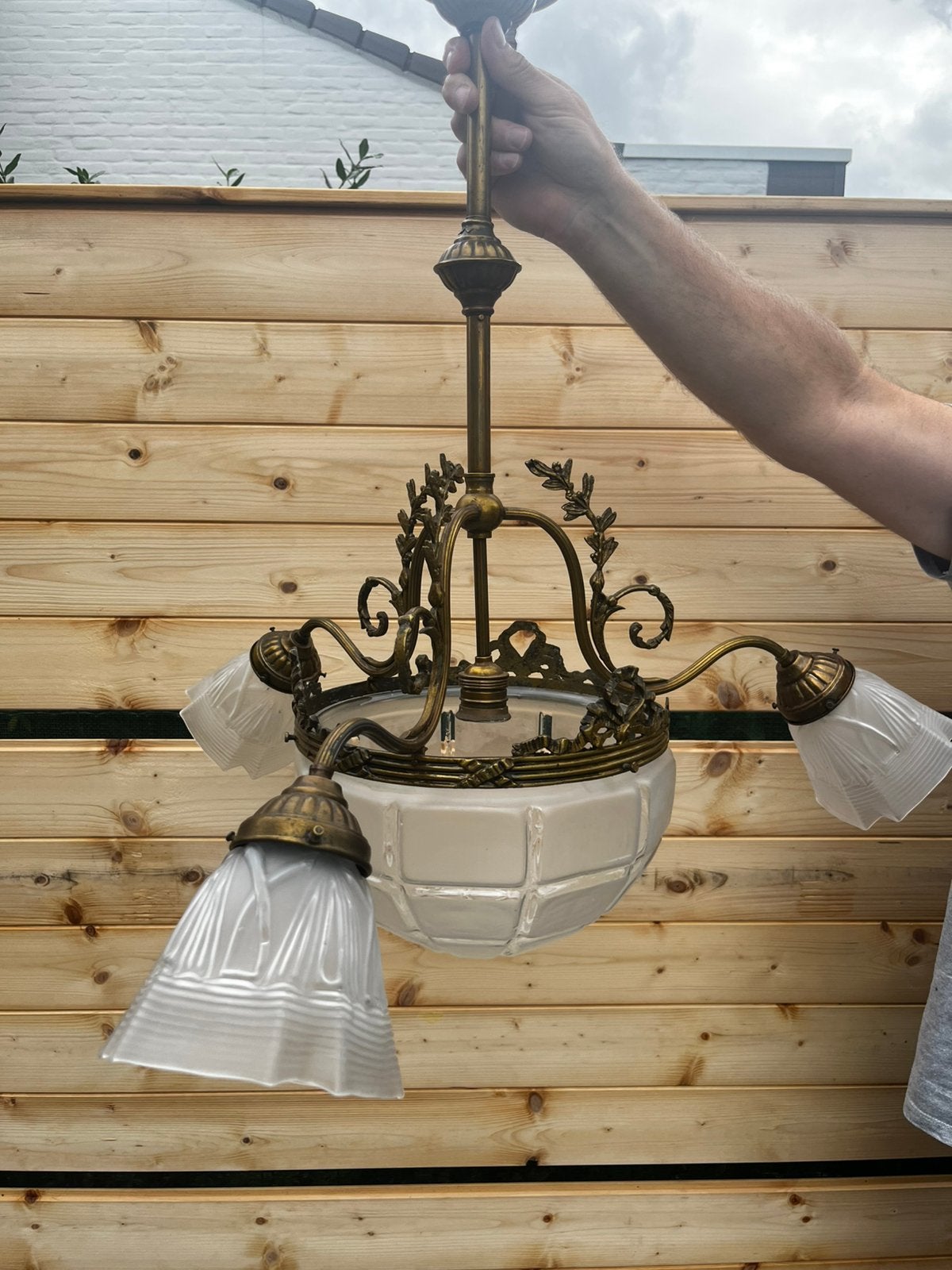 Antieke Art Deco Kroonluchter / Hanglamp met Geperst Glas, Antiek en Kunst, Antiek | Verlichting, Ophalen