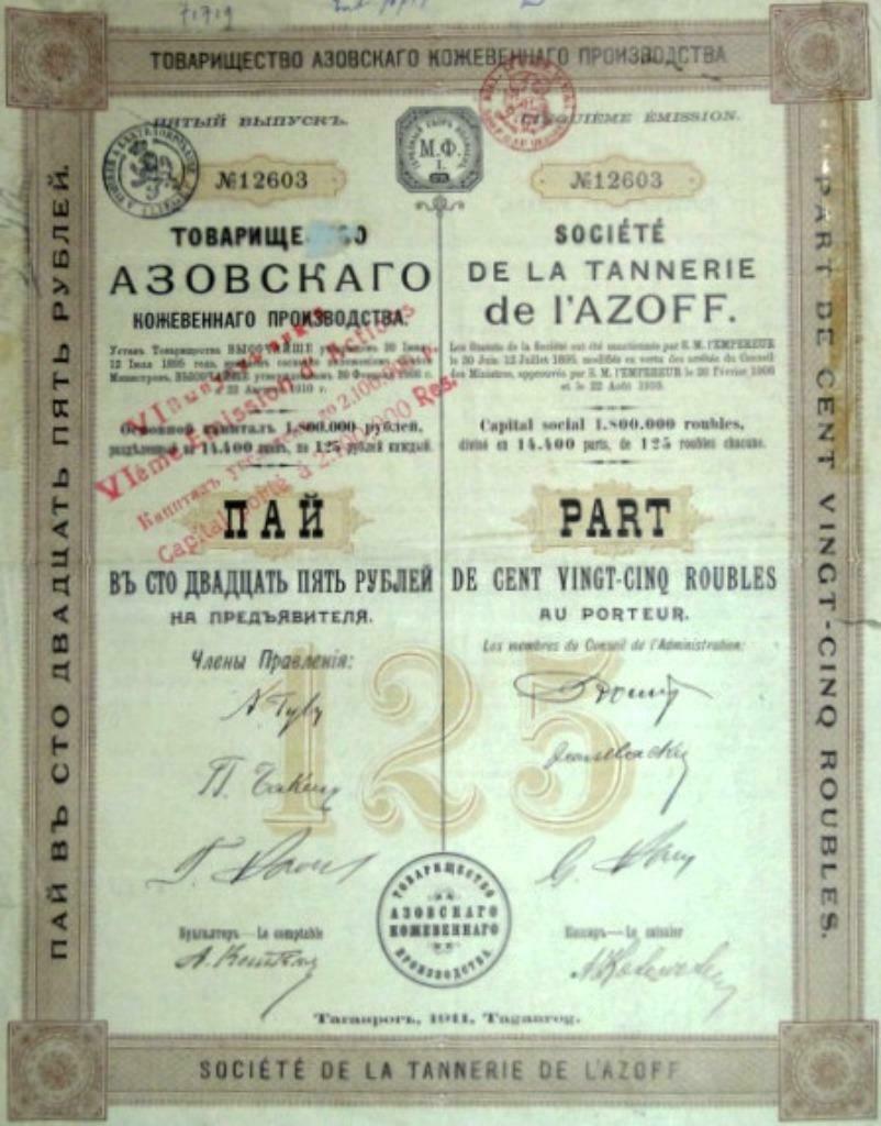 Société de la Tannerie de l'Azoff  - 1910, Timbres & Monnaies, Actions & Titres, Enlèvement ou Envoi, Avant 1920, Action