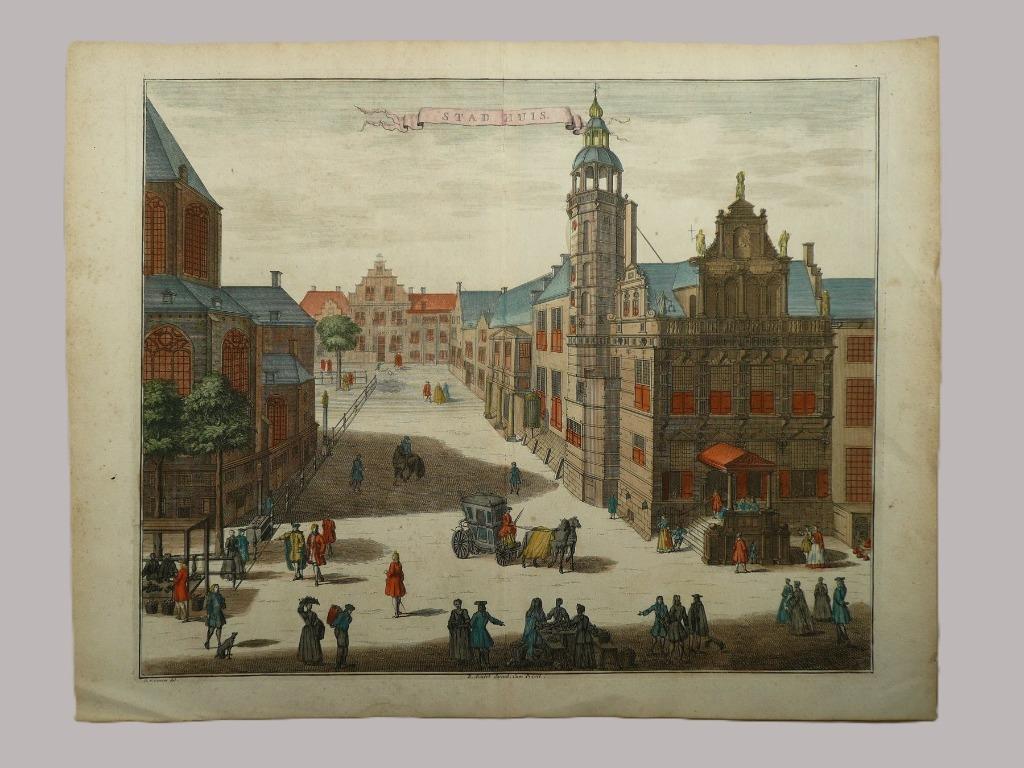 1730 Handgekleurd gravure Den Haag - Stadhuis, Antiek en Kunst, Kunst | Etsen en Gravures, Verzenden