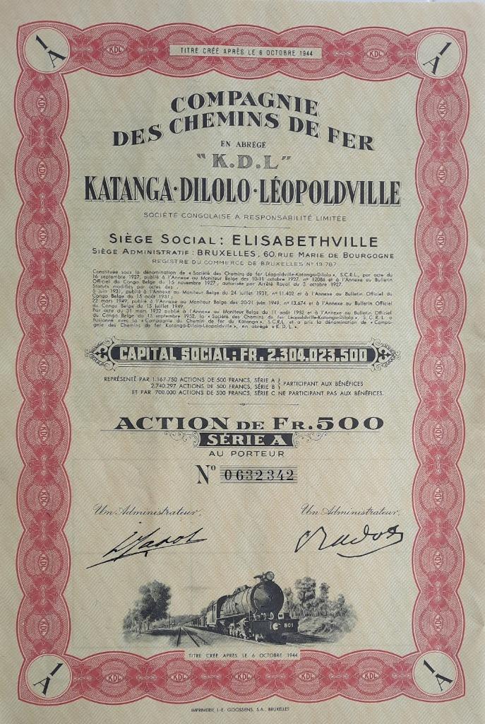 Cie des chemins de fer Kinshasa-Dilolo-Léopoldville - 1952, Ophalen of Verzenden, 1950 tot 1970, Aandeel