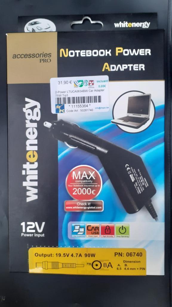 Chargeur 12v 90w prise allume-cigare notebook SONY série VGN, Informatique & Logiciels, Enlèvement ou Envoi, Neuf, Whitenergy