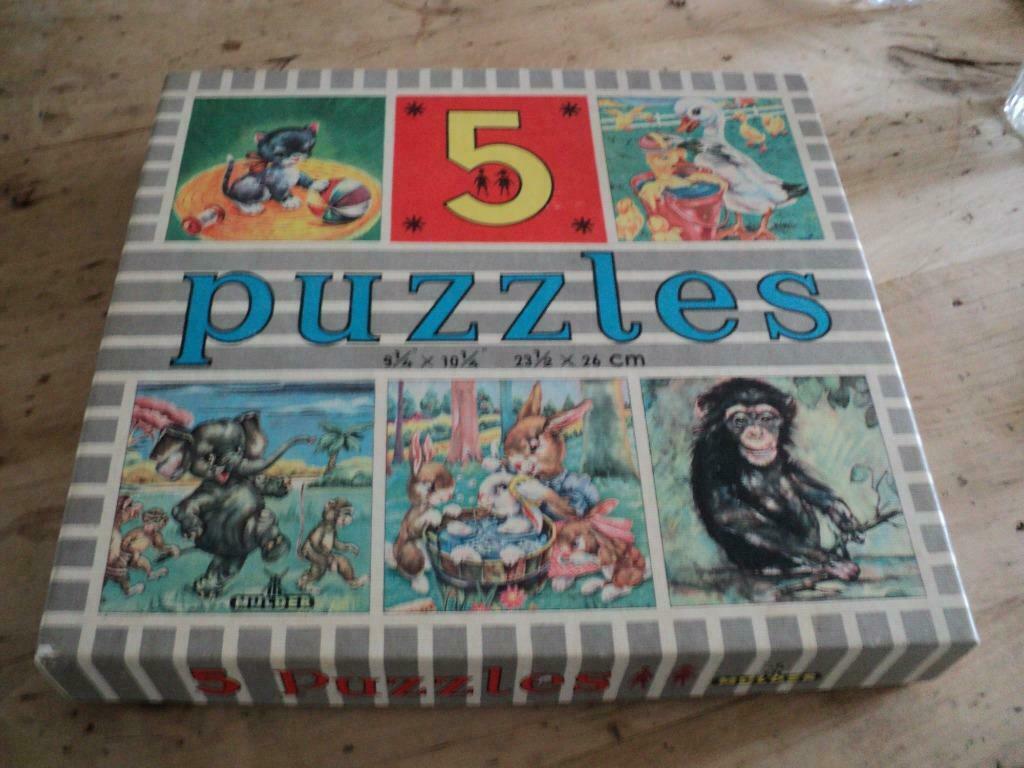 oude puzzeldoos :  bevat 5 puzzels van 19 stukken, Ophalen of Verzenden