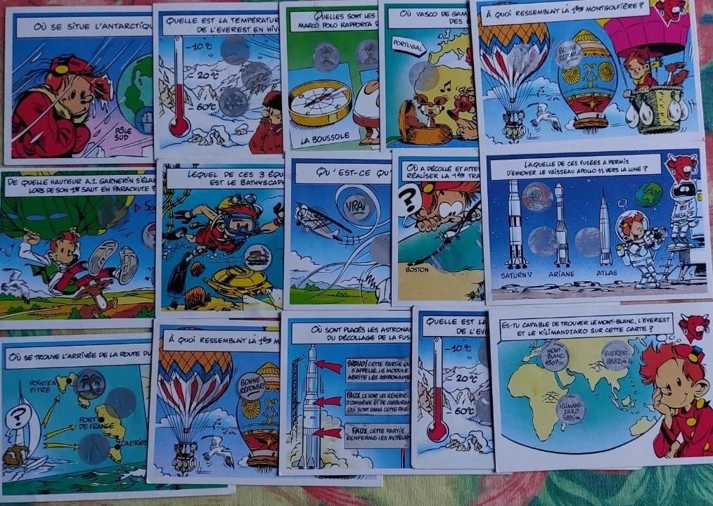 15 cartes Les grands aventuriers Spirou La Vache qui Rit, Enlèvement ou Envoi, Utilisé, Plusieurs cartes