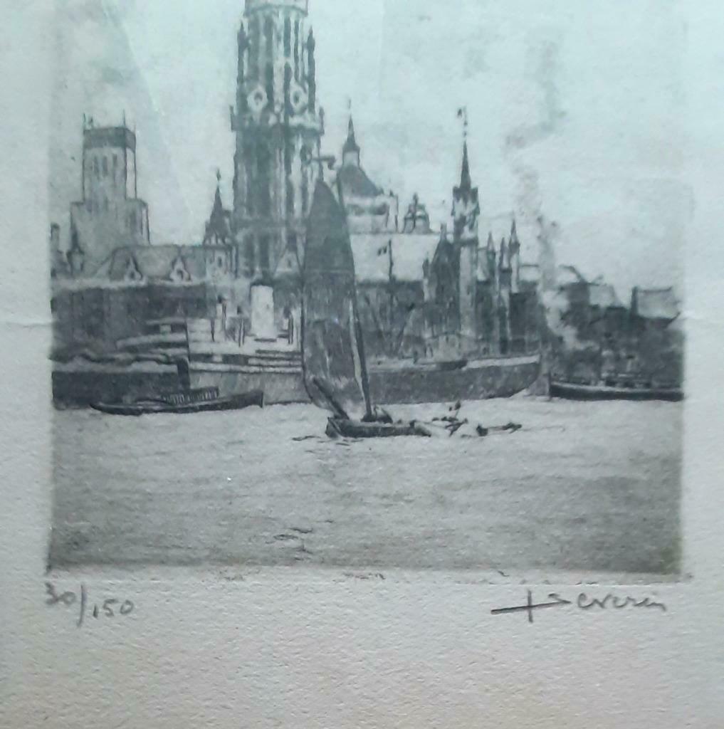 Juliaan Severin - Zicht op Antwerpen - Ets, Ophalen of Verzenden