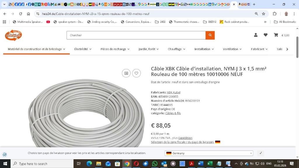 Câble électrique 3x 1.5 mm2 100m, Enlèvement, Neuf, Câble ou Fil électrique