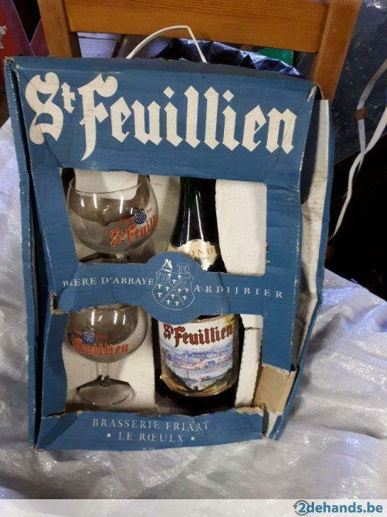Grote fles (gevuld) met 2 glazen  St  Feuillien, Verzamelen, Biermerken, Nieuw
