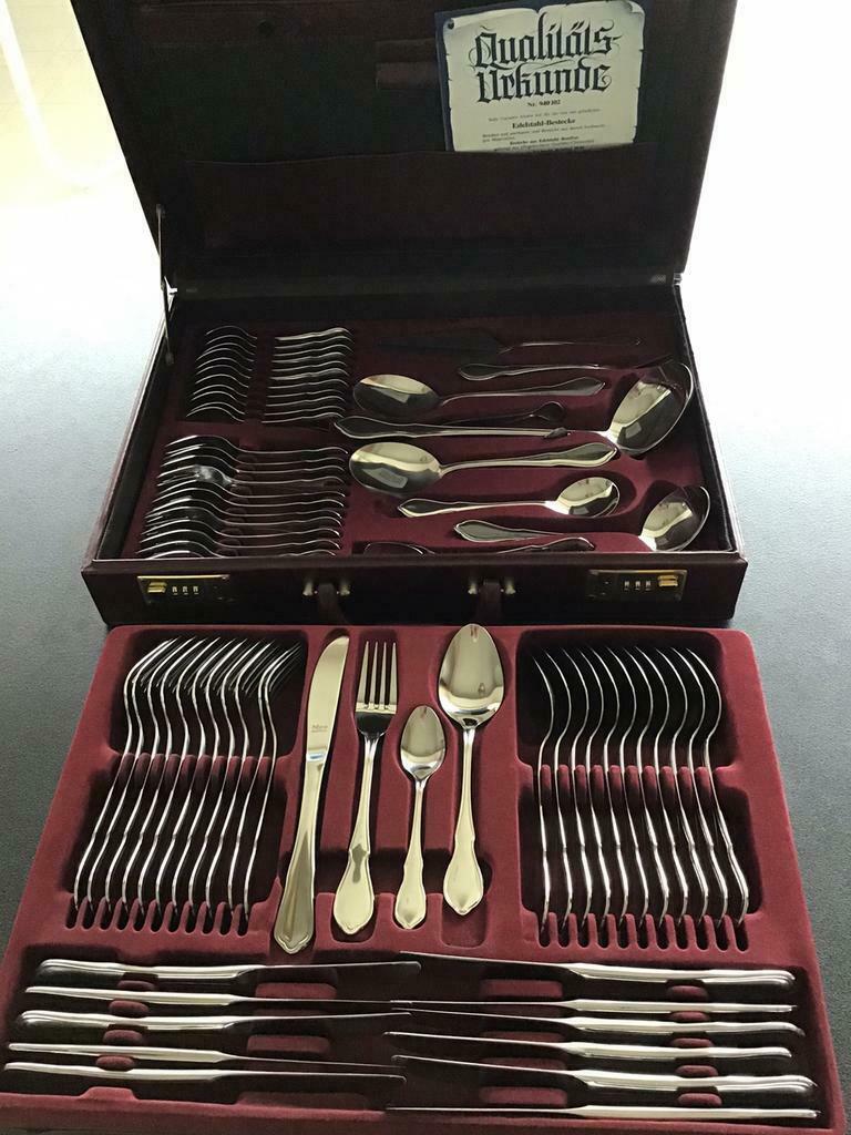 Lederen bestekkoffer, 70-delig, 18/10 roestvrij staal, Ophalen, Zo goed als nieuw, Bestekset, Inox of Chroom