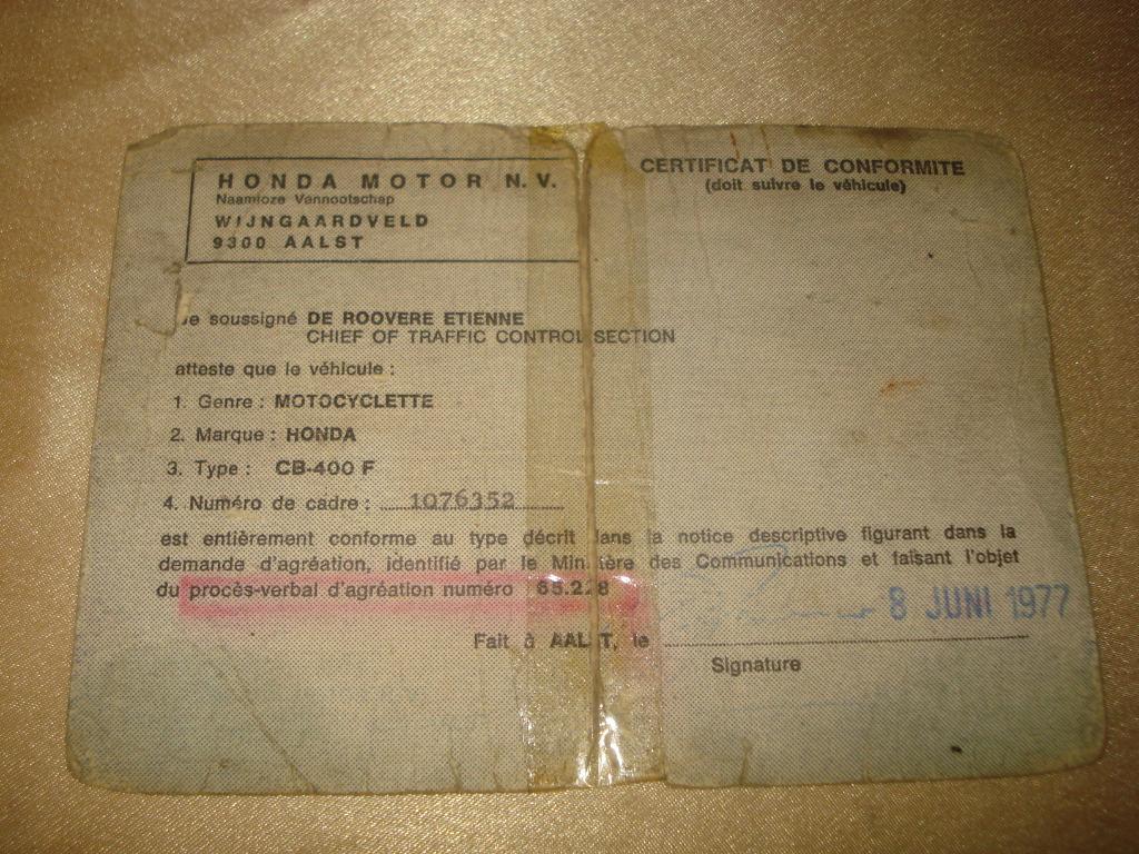 Ancien Certificat Conformité Moto Honda CB-400 F 1977, Motoren, Handleidingen en Instructieboekjes, Honda, Ophalen of Verzenden