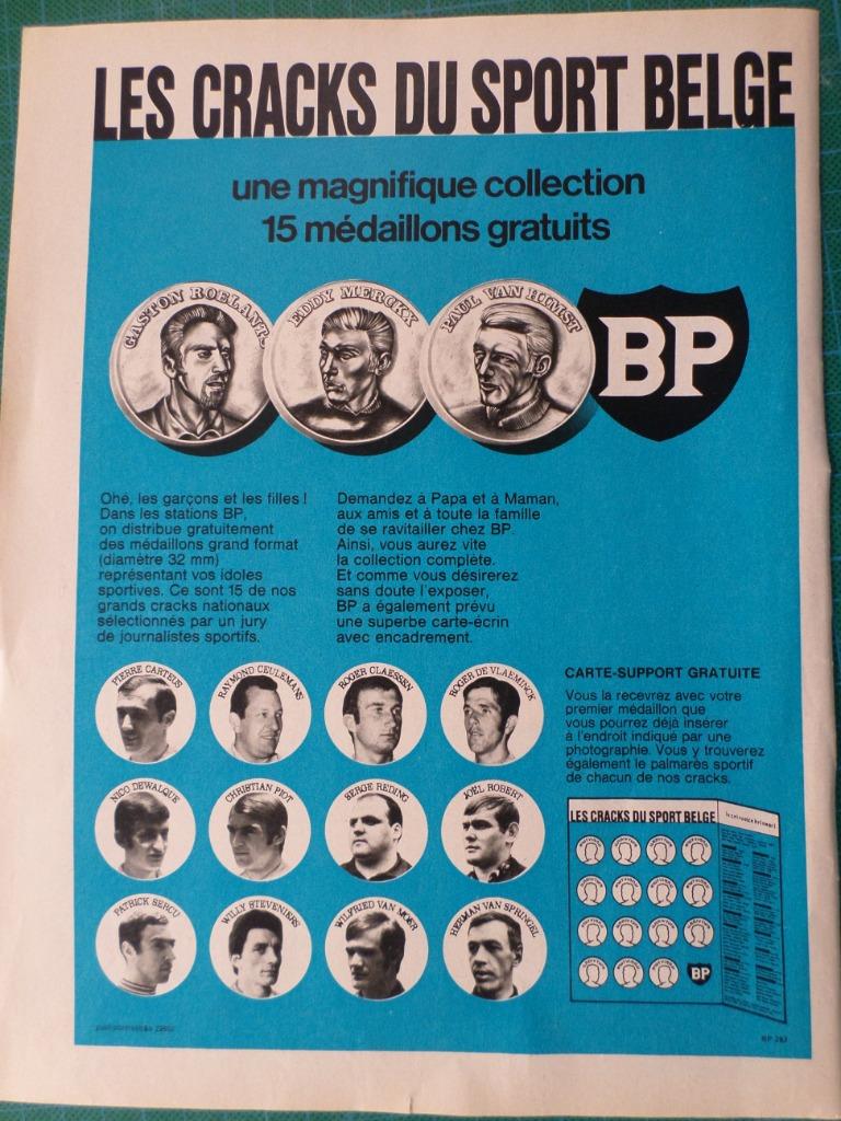 BP - pub. papier + 1 méd. - les cracks du sport belge - 1970, Ophalen of Verzenden, Gebruikt, Overige typen