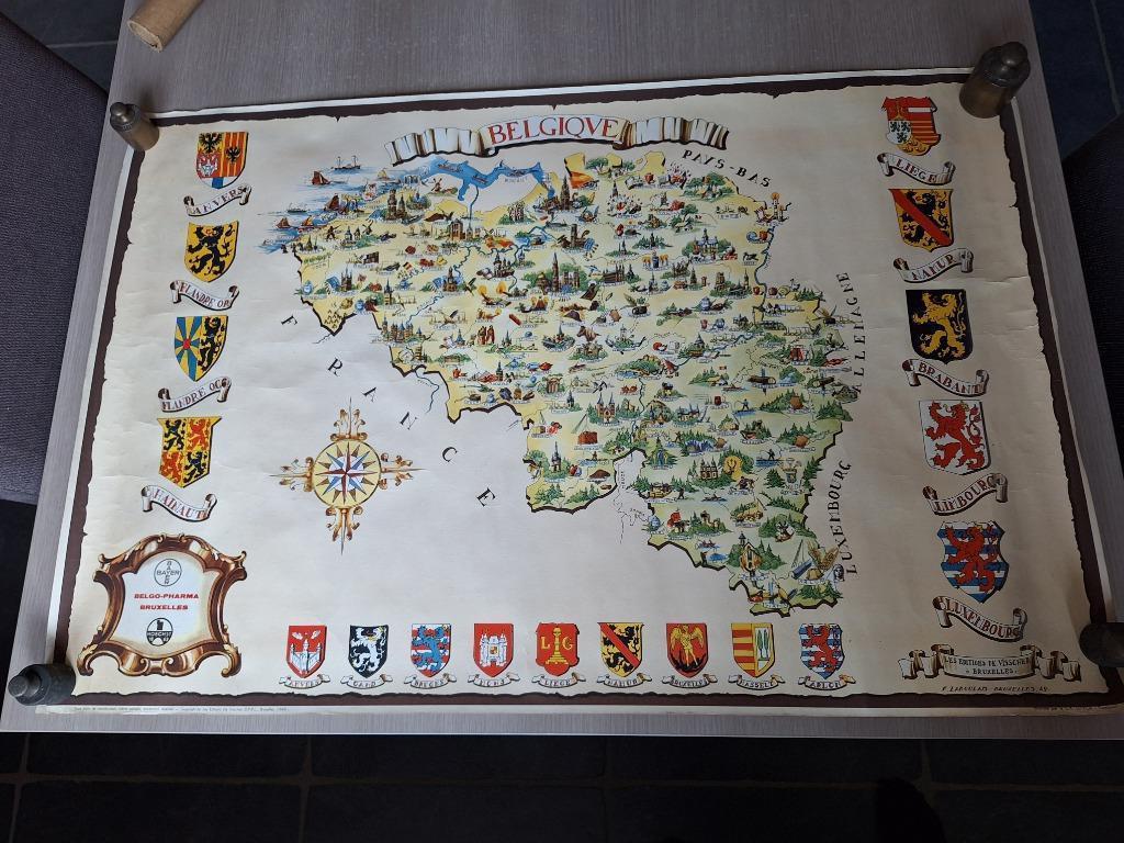 Oude, gekleurde, mooi geïllustreerde landkaart van België, Boeken, Ophalen, België, Landkaart, Zo goed als nieuw