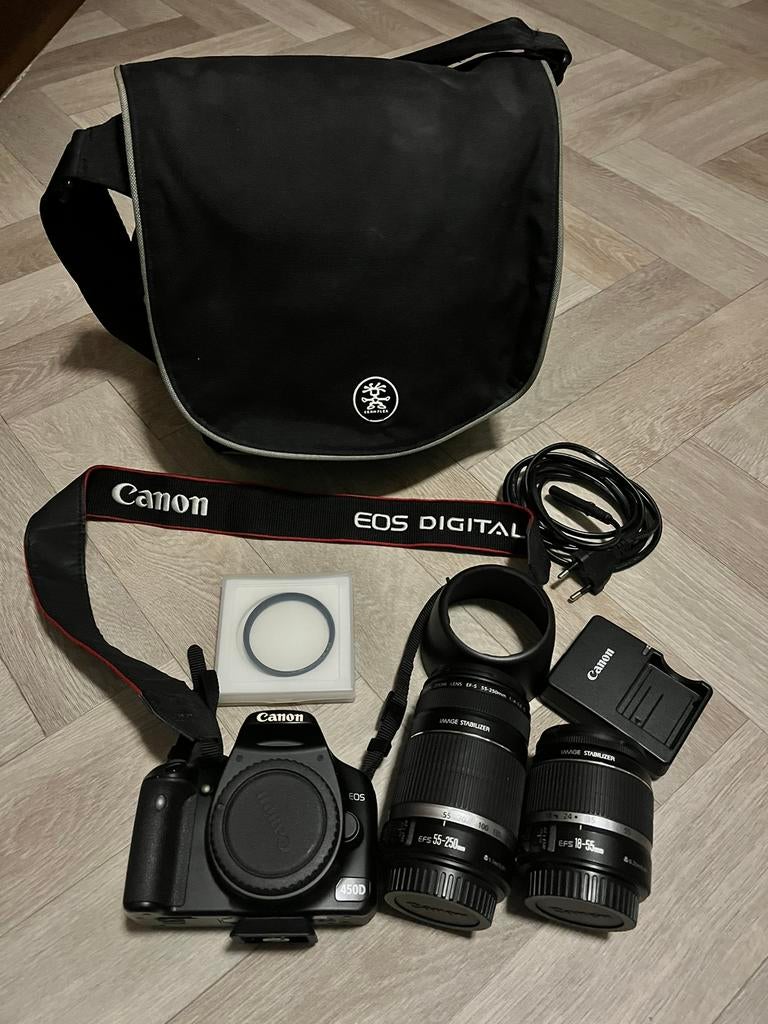 Canon eos 450D + lenzen en tas, Ophalen, Zo goed als nieuw, Canon