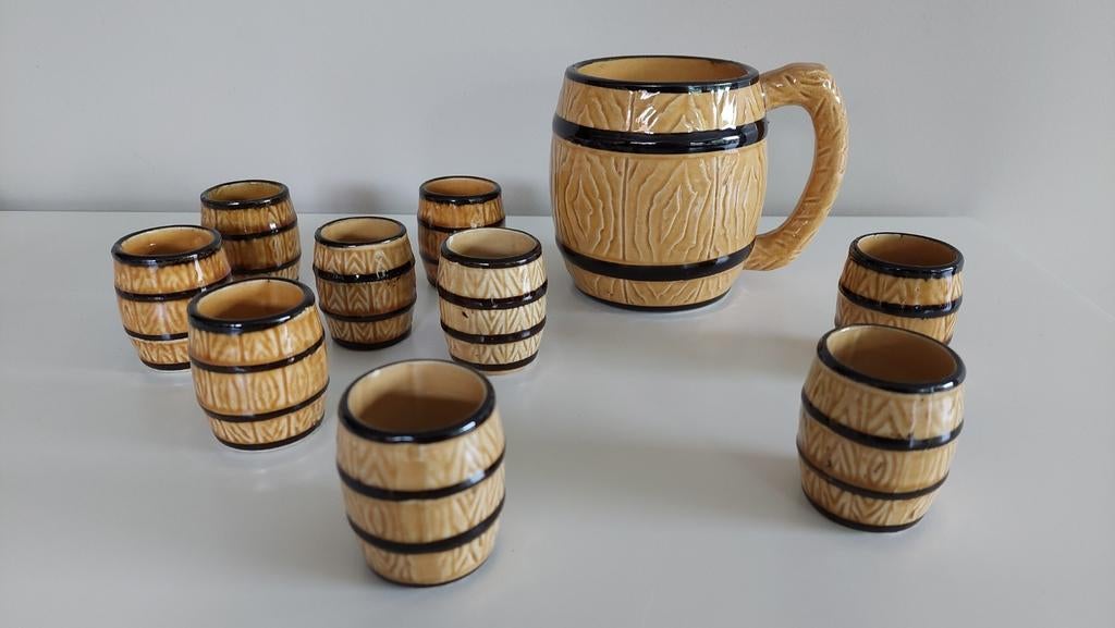 Vintage set van bierpot / bierpul en 9 shotglaasjes, Antiek en Kunst, Ophalen of Verzenden