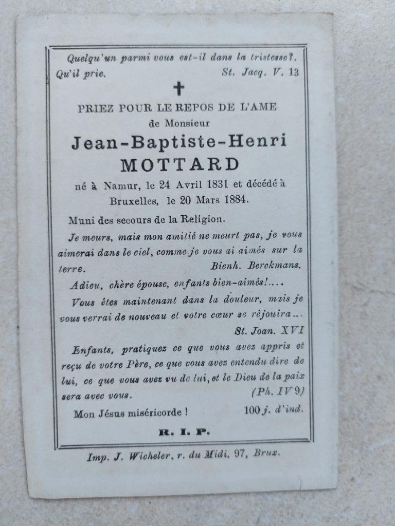 oud doodsprentje 1831-1884 Namur/Bruxelles, Envoi